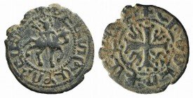 Cilician Armenia, Smpad (1296-1298). Æ Pogh (18mm, 2.47g, 3h). Smpad on horseback r., holding mace. R/ Cross pattée with lis between small pellets in ...