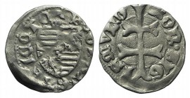 Hungary, Sigismund of Luxemburg (1387-1437). AR Denar (12mm, 0.47g, 11h). Patriarchal cross. R/ Arms. Huszár 576. VF