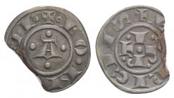 Italy, Bologna, Republic, 1191-1337. AR Bolognino Grosso (20mm, 1.28g, 7h). • I • R • P • T. R/ Large A; four pellets around. Biaggi 362. Chipped, oth...