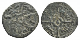 Italy, Sicily, Messina. Ruggero II (1105-1154). Æ Half Follaro (13mm, 0.74g). Cross; star in centre, cuphic legend around. R/ Cuphic legend around cro...