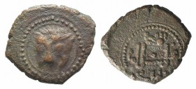 Italy, Sicily, Messina. Guglielmo II (1166-1189). Æ Follaro (15mm, 1.98g). Head of lion. R/ Kufic legend. Spahr 118; MIR 37. Brown patina, VF
