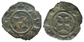Italy, Sicily, Messina. Manfredi (1258-1266). BI Denaro (15mm, 0.48g). Large M. R/ Cross. Spahr 204. VF