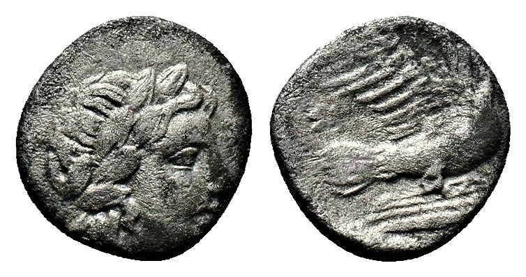 (Silver. 0.78g 11mm) Sikyonia. Sikyon 350-320 BC. Obol AR
Laureate head of Apoll...