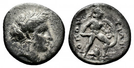 (Silver. 2.69g 16mm) LOCRIS. Locris Opuntia. Ca. 380-300 BC. AR triobol or hemidrachm 
 Head of Persephone right, wreathed with grain, wearing pendant...