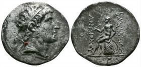 (Silver, 16.20 gr 32mm) Seleukid Empire, Antiochos III 'the Great' AR Tetradrachm. Nisibis, 223-187 BC. 
Diademed head right 
Apollo seated left on om...