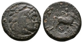 (Bronze.2.76g 14mm) KINGS OF MACEDON. Kassander (317-305 BC). Ae. Uncertain mint.
Head of Herakles right, wearing lion's skin.
Rev: Horseman riding ...