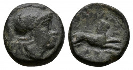 (Bronze.1.29g 11mm) Kings of Thrace. Uncertain mint in Thrace. Lysimachos 305-281 BC. Unit 
Helmeted head of Athena right
Rev: lion leaping right,
Mül...