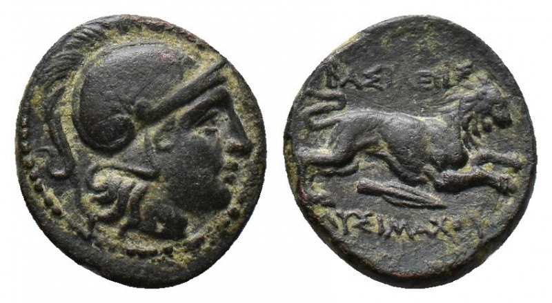 (Bronze.1.48g 13mm) THRACIAN KINGDOM. Lysimachus (305-281 BC). AE
Helmeted head ...