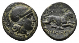 (Bronze.1.48g 13mm) THRACIAN KINGDOM. Lysimachus (305-281 BC). AE
Helmeted head of Athena right
Rev.lion leaping right;