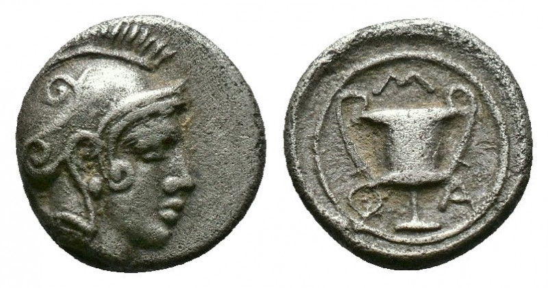 (Silver. 8.55g 9mm) Lesbos. Methymna . 450/40-406/379 BC Obol AR
Head of Athena ...