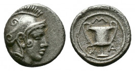 (Silver. 8.55g 9mm) Lesbos. Methymna . 450/40-406/379 BC Obol AR
Head of Athena right, wearing Attic helmet / Μ-Α-Θ, kantharos.
SNG Cop. 351.