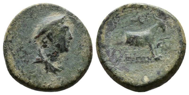 (Bronze.2.02g 15mm) AEOLIS. Aegae. Ae (1st-2nd centuries BC).
Draped bust of He...