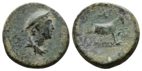 (Bronze.2.02g 15mm) AEOLIS. Aegae. Ae (1st-2nd centuries BC).
Draped bust of Hermes right, wearing petasos.
Rev: Forepart of goat right; monograms a...