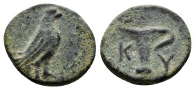 (Bronze.1.26g 13mm) AEOLIS. Kyme. Ae (Circa 320-250 BC).
Eagle standing right with closed wings.
Rev: One-handled cup.
SNG von Aulock 1625.