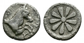 (Silver.0.33g 9mm) AEOLIS, Kyme. 4th century BC. AR Hemiobol
Forepart of horse right
Rev.Floral pattern.
SNG Copenhagen 34.