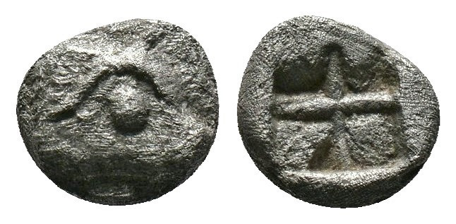 (Silver, 0.36gr 6mm) AEOLIS. Kyme. Hemiobol (Circa 480-450 BC). 
Head of eagle l...