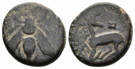 (Bronze.3.13g 14mm) IONIA. Ephesos. Ae (Circa 390-300 BC). 
Bee.
Rev: Stag prancing left, head right; astragalos above.
Cf. SNG Copenhagen 245-53