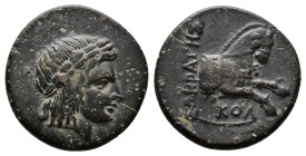 (Bronze. 2.00g 15mm) IONIA. Kolophon. Ae (Circa 330-285 BC).
Laureate head of Apollo right.
Rev: Forepart of horse right.
Milne, Colophon, 114a.