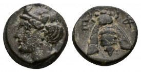 (Bronze.1.31g 11mm) IONIA, Ephesus. Ae 305-288 BC 
Head of Artemis on the left. 
Rev:Bee
(SNG Von Aulock 1839).