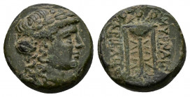(Bronze.2.17g 14mm) IONIA. Smyrna. Ae (Circa 287/1-245 BC). Uncertain magistrate.
Obv: Laureate head of Apollo right.
Rev: Tripod