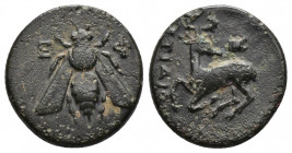 (Bronze.1.98g 14mm) IONIA. Ephesos. (Circa 390-300 BC). Ae.
Bee.
Rev: Stag prancing left, head right.
BMC 65(var).