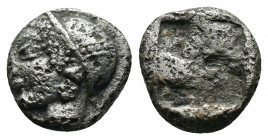 (Silver.1.27g 10mm) IONIA. Phocaea. Ca. late 6th-early 5th centuries BC. AR diobol or hemidrachm
Archaic styled female head left, wearing helmet or cl...