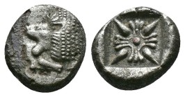 (Silver.0.84g 9mm) Ionia. Miletos 550-400 BC. Diobol AR
Forepart of lion left
Rev. stellate pattern within incuse square.
SNG Kayhan 476-82