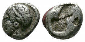 (Silver.1.24g 8mm) IONIA. Phocaea. Ca. late 6th-early 5th centuries BC. AR diobol or hemidrachm
Archaic styled female head left, wearing helmet or clo...