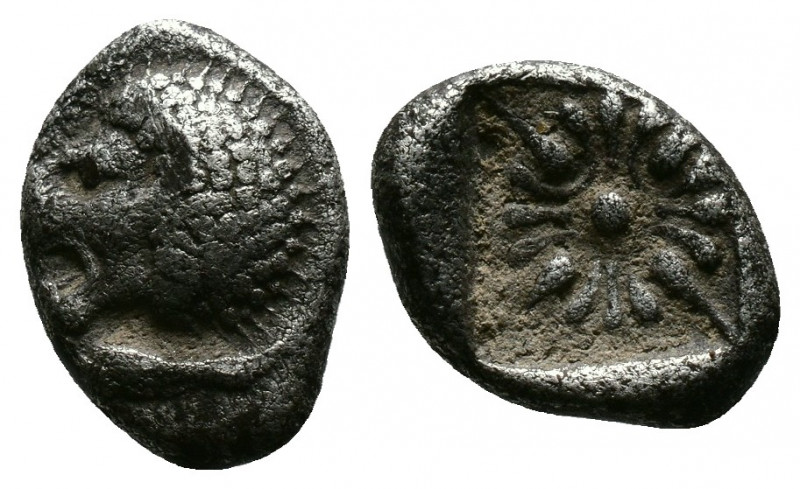(Silver.0.99g 12mm) Ionia. Miletos 550-400 BC. Diobol AR
Forepart of lion left
R...