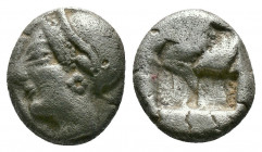 (Silver.1.25g 10mm) IONIA. Phocaea. Ca. late 6th-early 5th centuries BC. AR diobol or hemidrachm
Archaic styled female head left, wearing helmet or cl...