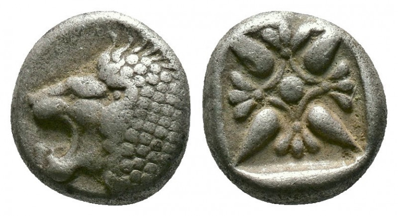 (Silver.1.13g 9mm) Ionia. Miletos 550-400 BC. Diobol AR
Forepart of lion left
Re...