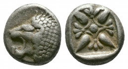 (Silver.1.13g 9mm) Ionia. Miletos 550-400 BC. Diobol AR
Forepart of lion left
Rev. stellate pattern within incuse square.
SNG Kayhan 476-82