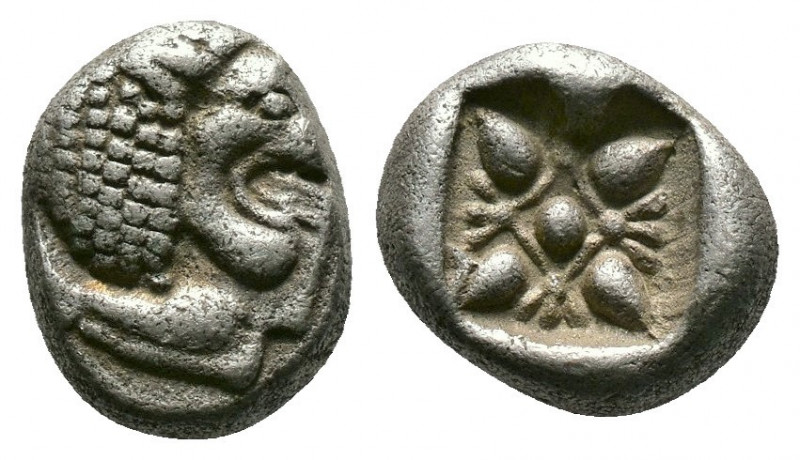 (Silver.1.26g 9mm) Ionia. Miletos 550-400 BC. Diobol AR
Forepart of lion right
R...