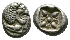 (Silver.1.26g 9mm) Ionia. Miletos 550-400 BC. Diobol AR
Forepart of lion right
Rev. stellate pattern within incuse square.
SNG Kayhan 476-82