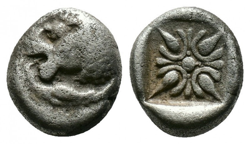 (Silver.1.16g 9mm) IONIA Miletos 550-400 BC. Diobol AR
Forepart of lion left
Rev...