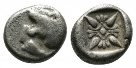 (Silver.1.10g 10mm) IONIA. Miletos. (Circa 6th-5th centuries BC).AR Obol 
Forepart of lion right, head left.
Rev: Stellate floral design; all within i...