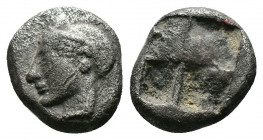 (Silver. 1.19g 10mm) IONIA. Phocaea. Ca. late 6th-early 5th centuries BC. AR diobol or hemidrachm
Archaic styled female head left, wearing helmet or c...