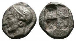 (Silver.1.28g 10mm) IONIA. Phocaea. Ca. late 6th-early 5th centuries BC. AR diobol or hemidrachm
Archaic styled female head left, wearing helmet or cl...