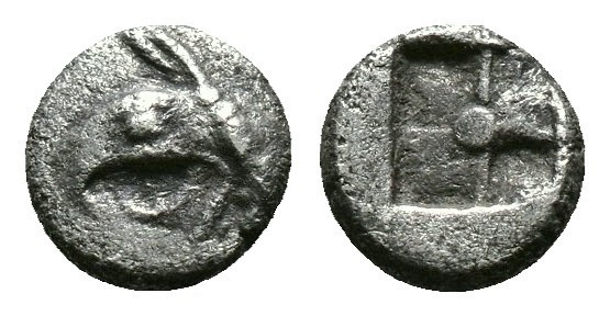 (Silver, 0.21gr 6mm) IONIA, Phokaia. Circa 521-478 BC. AR Tetartemorion 
Head of...