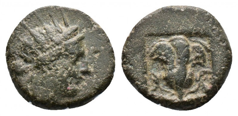 (Bronze.2.06g 13mm) Caria. Rhodos 188-84 BC. AE
Radiate head of Helios right
Rev...