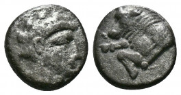 (Silver.1.12g 10mm) SATRAPS OF CARIA, Mylasa, Hekatomnos (Circa 392-376 BC) AR Diobol 
Laureate head of Apollo right.
Rev: Forepart of bull left
Winze...