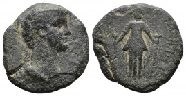 (Bronze.3.00g 17mm) IONIA. Ephesos. Claudius (41-54). Ae.
Barehead and draped bust right.
Rev: Cult statue of Artemis Ephesia standing facing, with su...