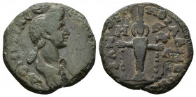 (Bronze, 2.26gr 19mm) IONIA. Ephesus. Domitia (Augusta, 82-96). AE. Caesennius Paetus, proconsul. Homonoia issue with Smyrna. 
Draped bust right. 
Rev...