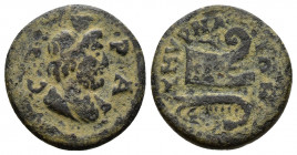 (Bronze.2.29g 17mm) IONIA. Smyrna. Pseudo-autonomous. Time of Septimius Severus (193-211). Ae.
Draped bust of Serapis right, wearing calathus.
Rev: Pr...