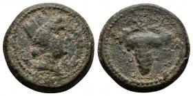 (Bronze, 3.77gr 17mm) Lydia. Daldis . Pseudo-autonomous issue AD 193-211 AE. 
Turreted and draped bust of Tyche right 
Rev.Grape bunch. 
 BMC 5.