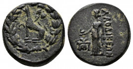 (Bronze.3.34g 15mm) PHRYGIA. Laodikeia. Pseudo-autonomous issue ( 27 BC- AD 14).
Aphrodite standing left, holding dove in right hand, monogram in lowe...