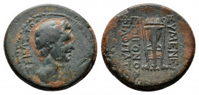 (Bronze.4.69g 19mm) PHRYGIA. Eumenea. Augustus (27 BC-14 AD). Ae. Epigonos Philopatris, magistrate.
Obv: ΣΕΒΑΣΤΟΣ./Bare head right.
Rev: EYMENEΩN / EΠ...