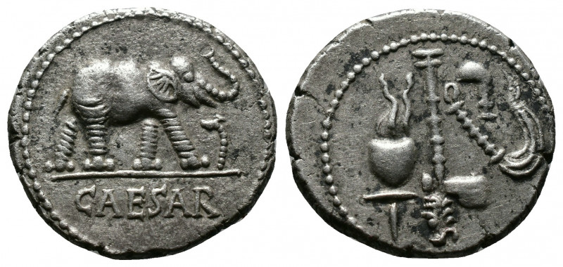 (Silver, 3.94gr 19mm) Julius Caesar. Silver Denarius, 49-48 BC. Military mint tr...