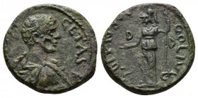 (Bronze.4.43g 19mm) MACEDON, Dium. Geta AD 198-209 AE
Bare-headed and draped bust right.
Rev: Minerva standing left holding patera and scepter;
Varban...