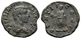 (Bronze.1.92g 20mm) Geta AD 198-211 AE Limes Denarius Rome
bare-headed and draped bust to right
Rev: Geta, standing left, holding globe in extended ri...